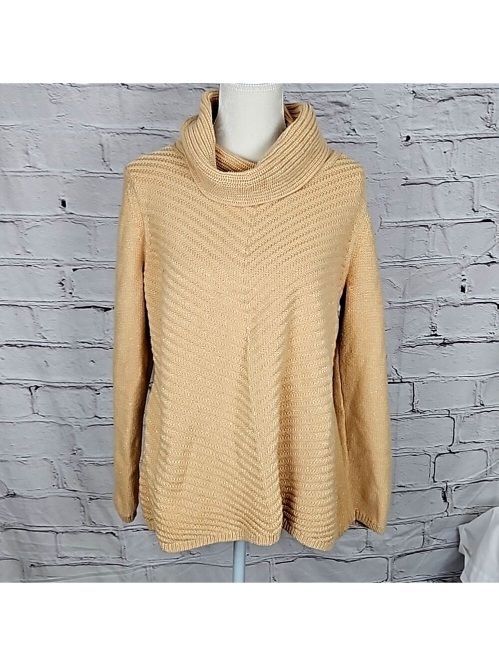 Valerie Stevens Tan & Gold Long Cowl Sweater XL VGUC